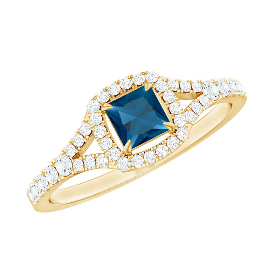 Anillo de compromiso de topacio azul Londres de talla princesa de 1 quilate con diamante en montura dividida