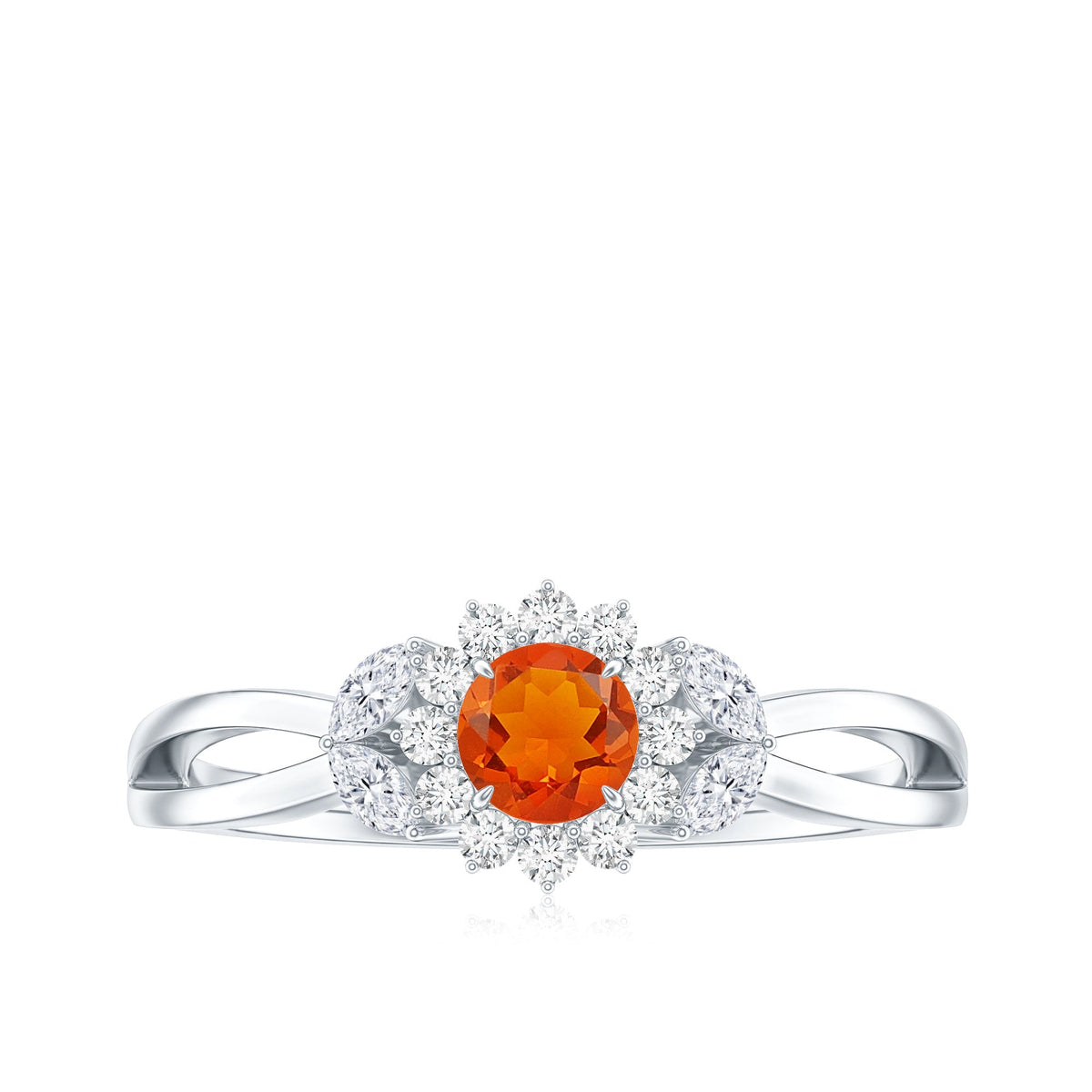 Fire Opal and Diamond Flower Engagement Ring with Split Shank
