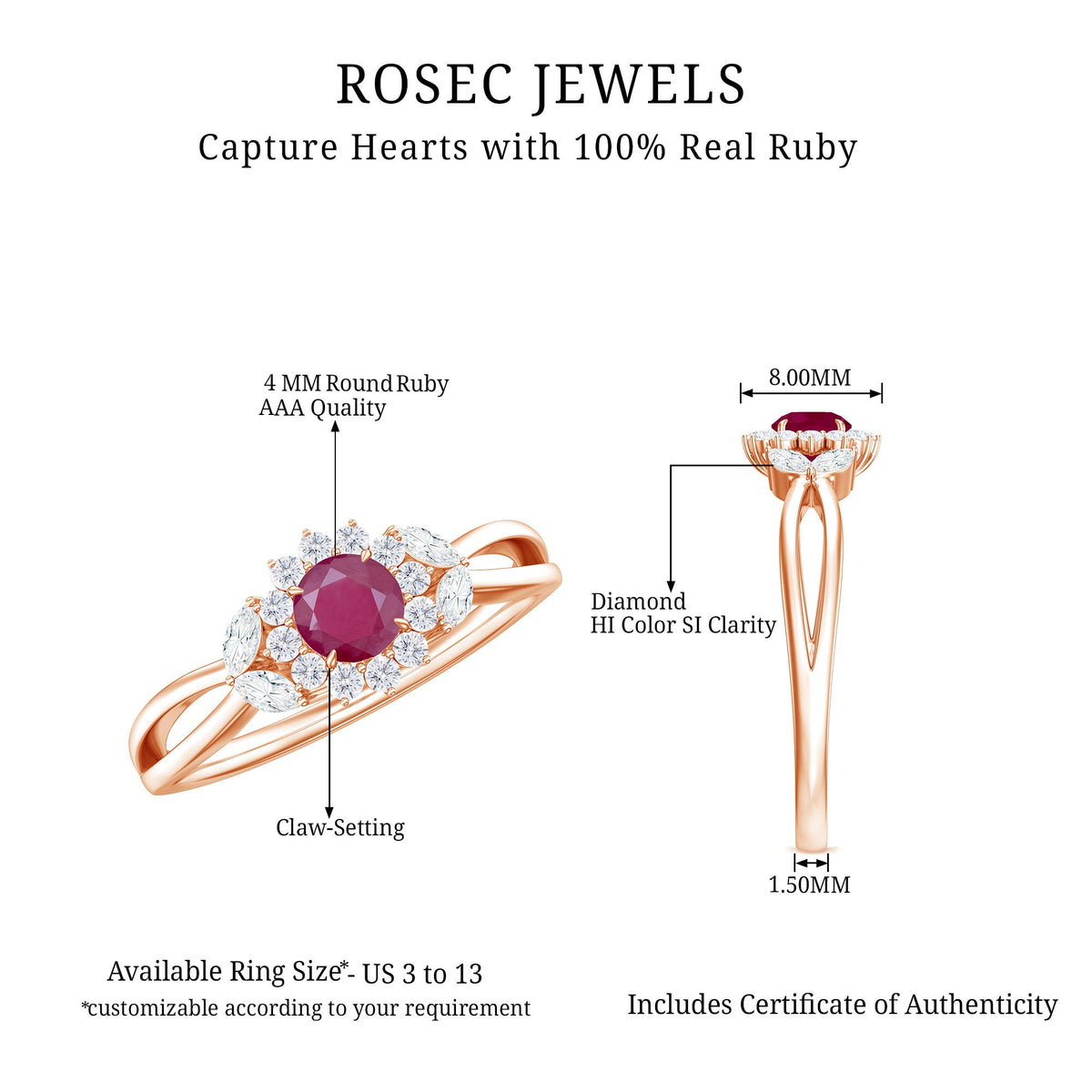 Anillo de compromiso de rubí inspirado en la naturaleza con diamante para mujer