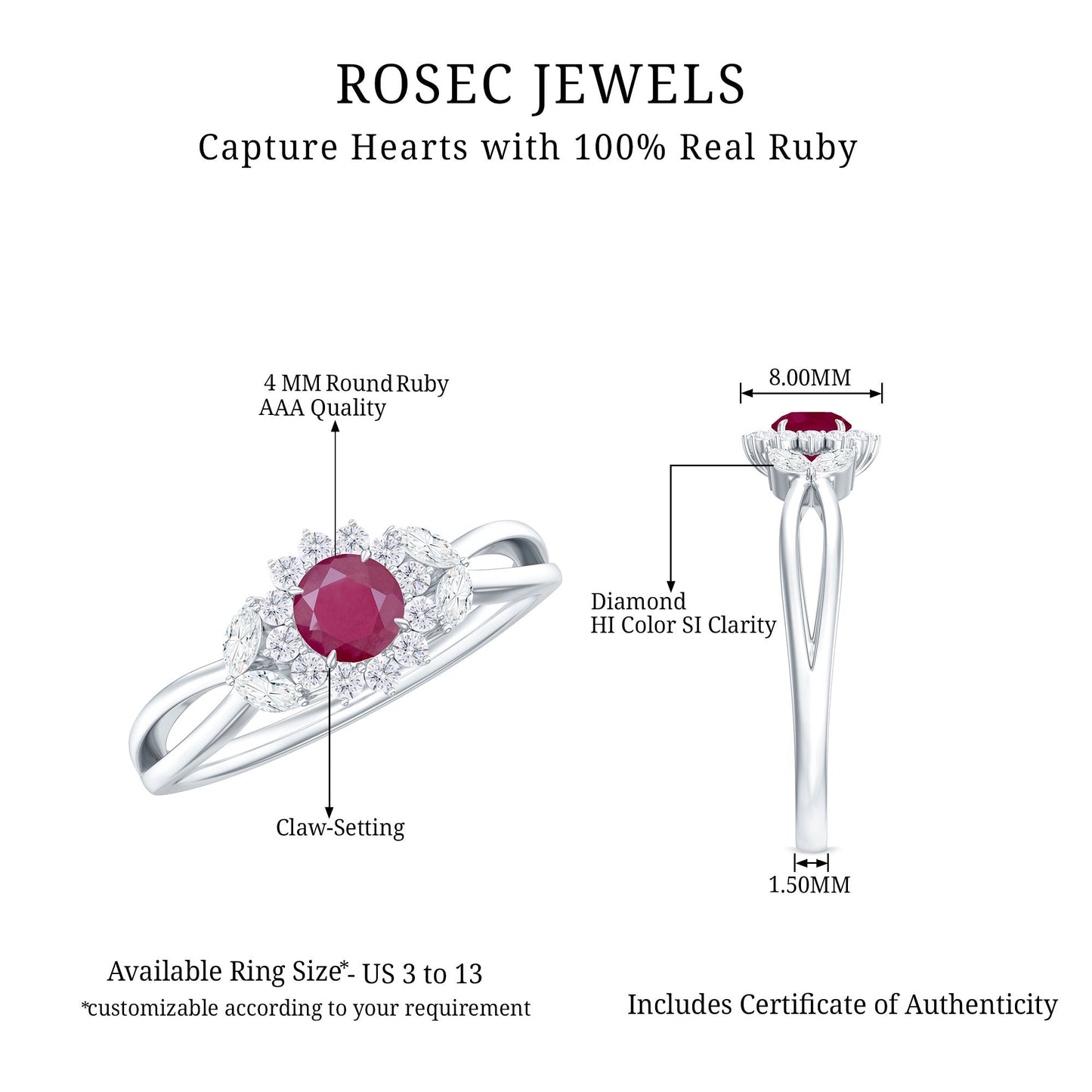 Anillo de compromiso de rubí inspirado en la naturaleza con diamante para mujer