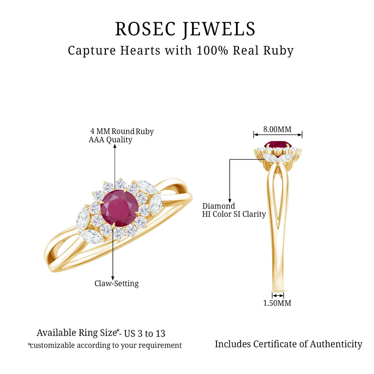 Anillo de compromiso de rubí inspirado en la naturaleza con diamante para mujer