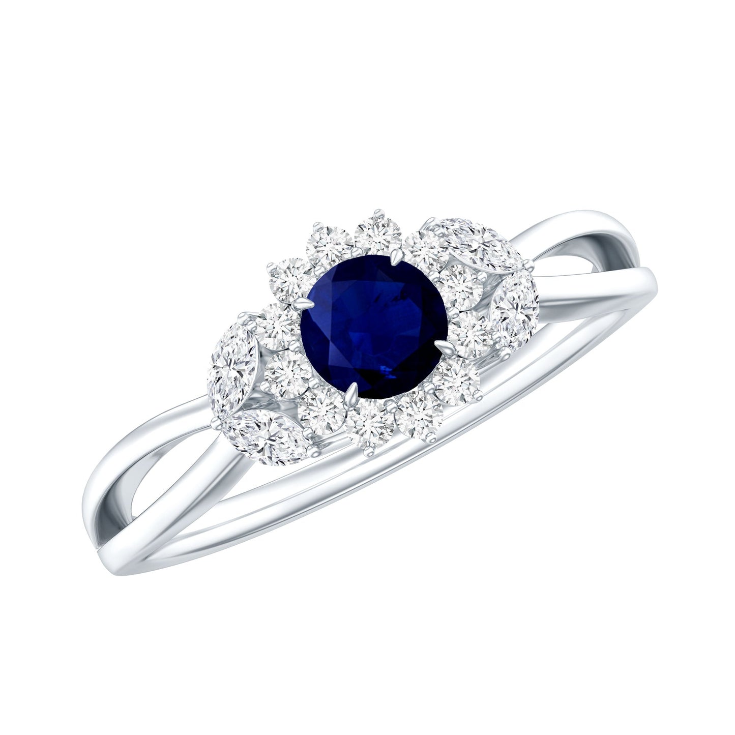 Anillo de compromiso floral de zafiro azul certificado con diamante