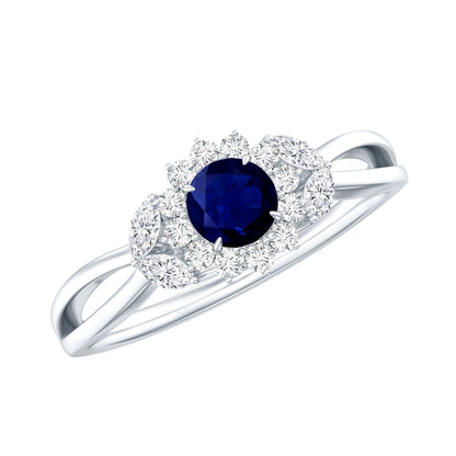 Anillo de compromiso floral de zafiro azul certificado con diamante