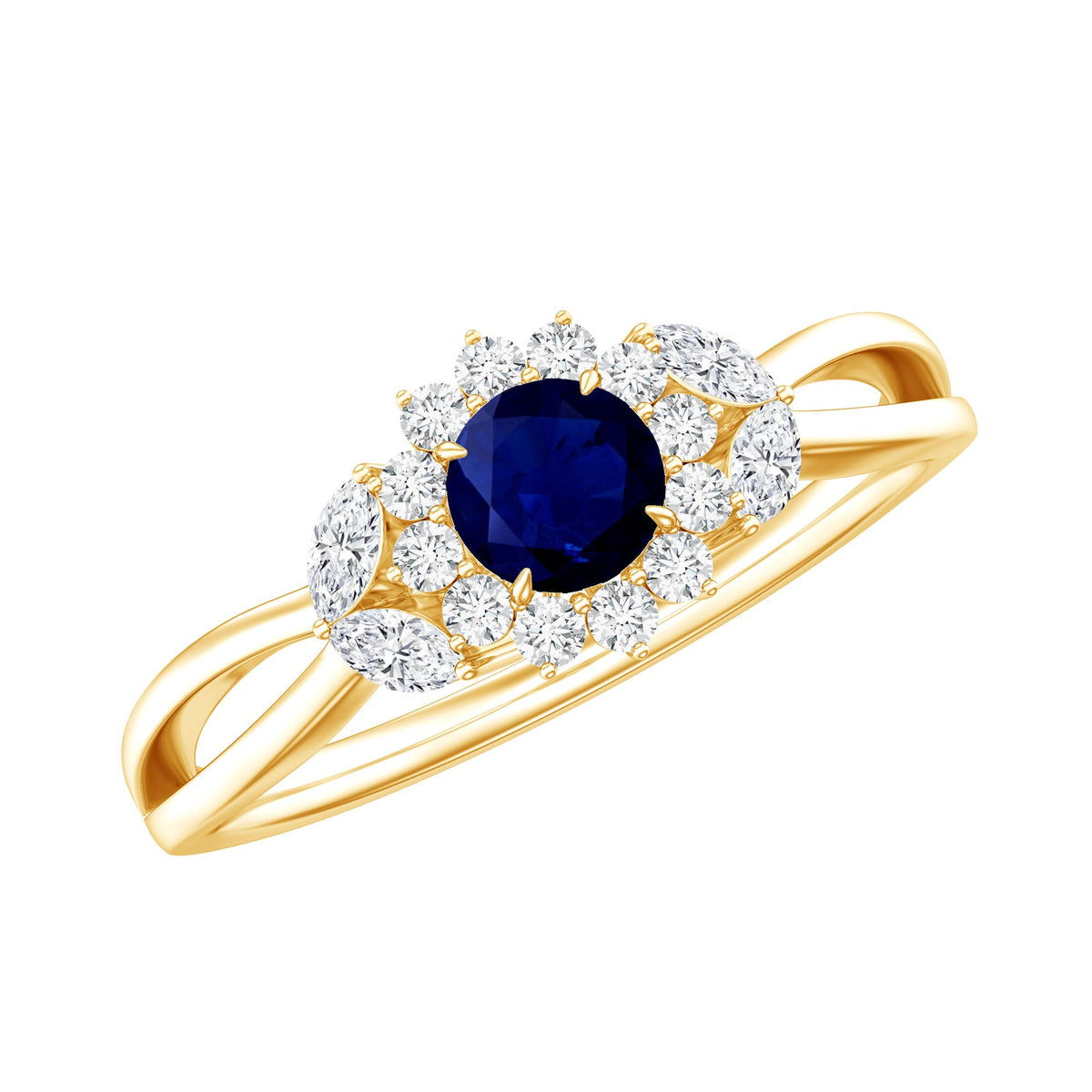 Anillo de compromiso floral de zafiro azul certificado con diamante