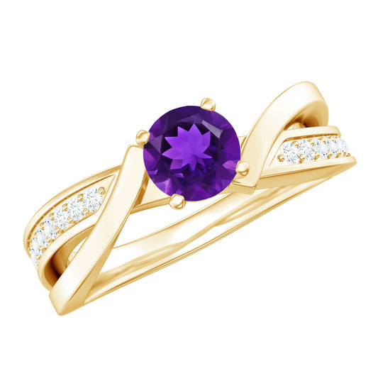 Anillo de compromiso de amatista auténtica con vástago infinito de diamantes