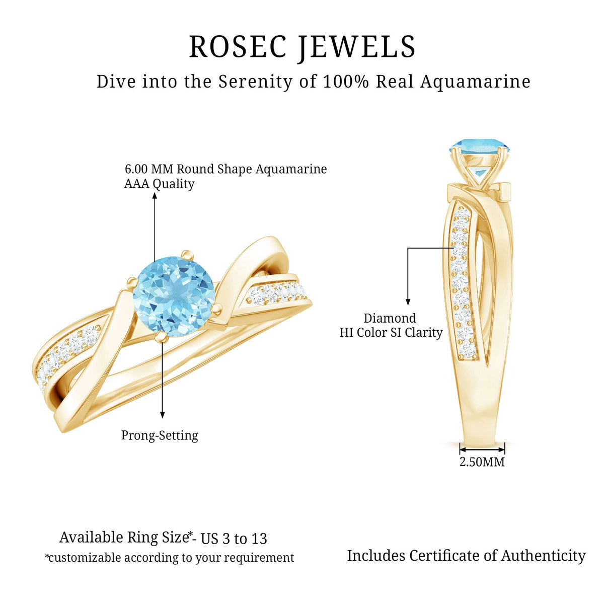 Anillo de compromiso infinito de aguamarina natural de 0,8 quilates y diamantes