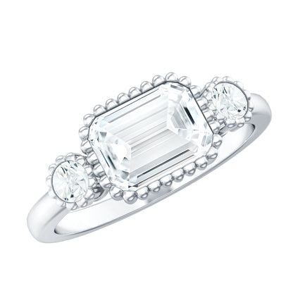 1.8 Carat Emerald Cut Moissanite 3 Stone Engagement Ring in East West Style