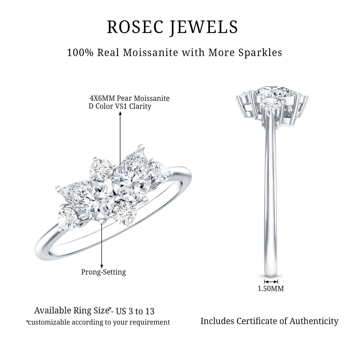 Anillo de promesa de racimo de moissanita redonda y con forma de pera