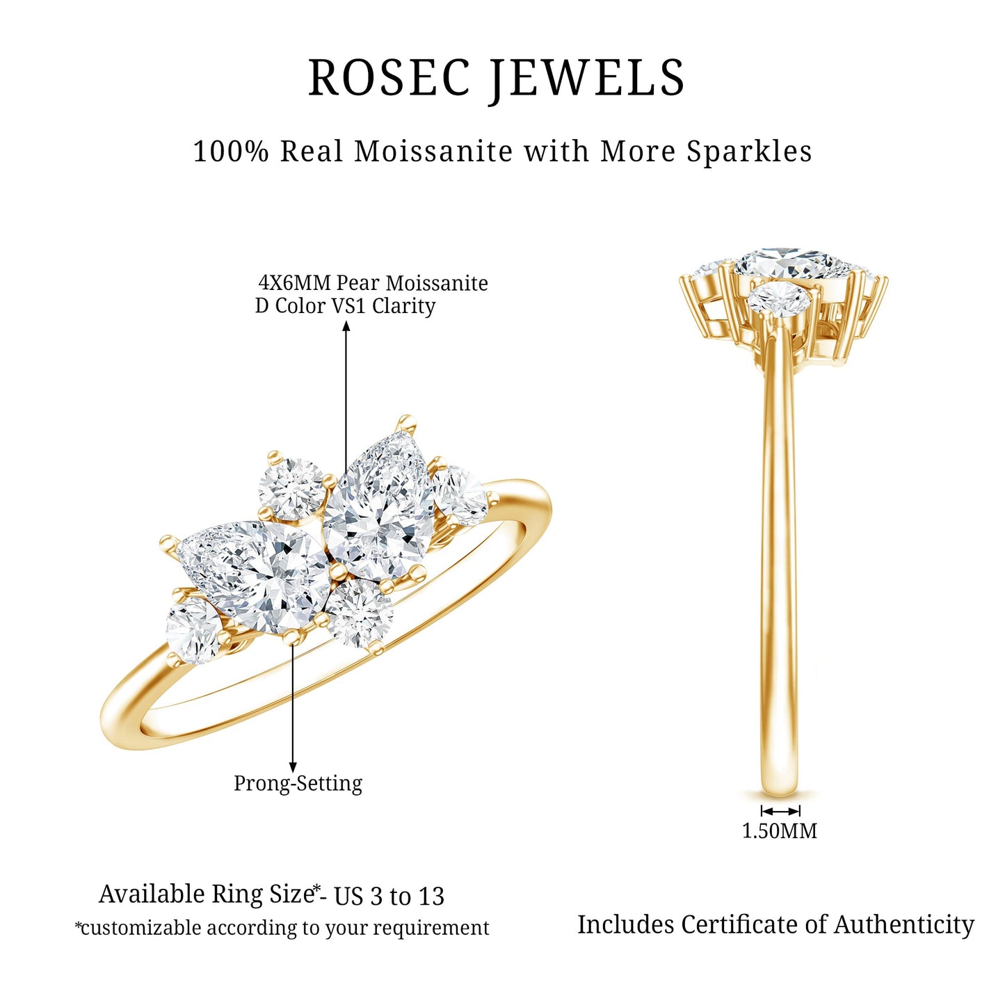 Anillo de promesa de racimo de moissanita redonda y con forma de pera