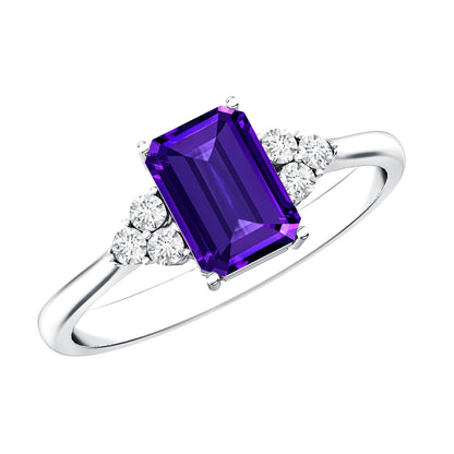 Anillo de compromiso de amatista de 1,4 quilates auténtico de corte esmeralda con trío de diamantes