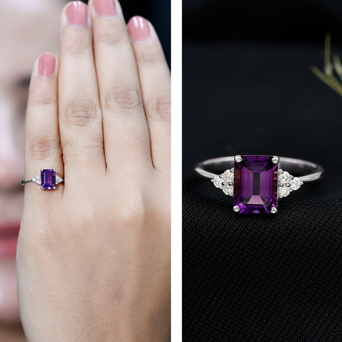 Anillo de compromiso de amatista de 1,4 quilates auténtico de corte esmeralda con trío de diamantes