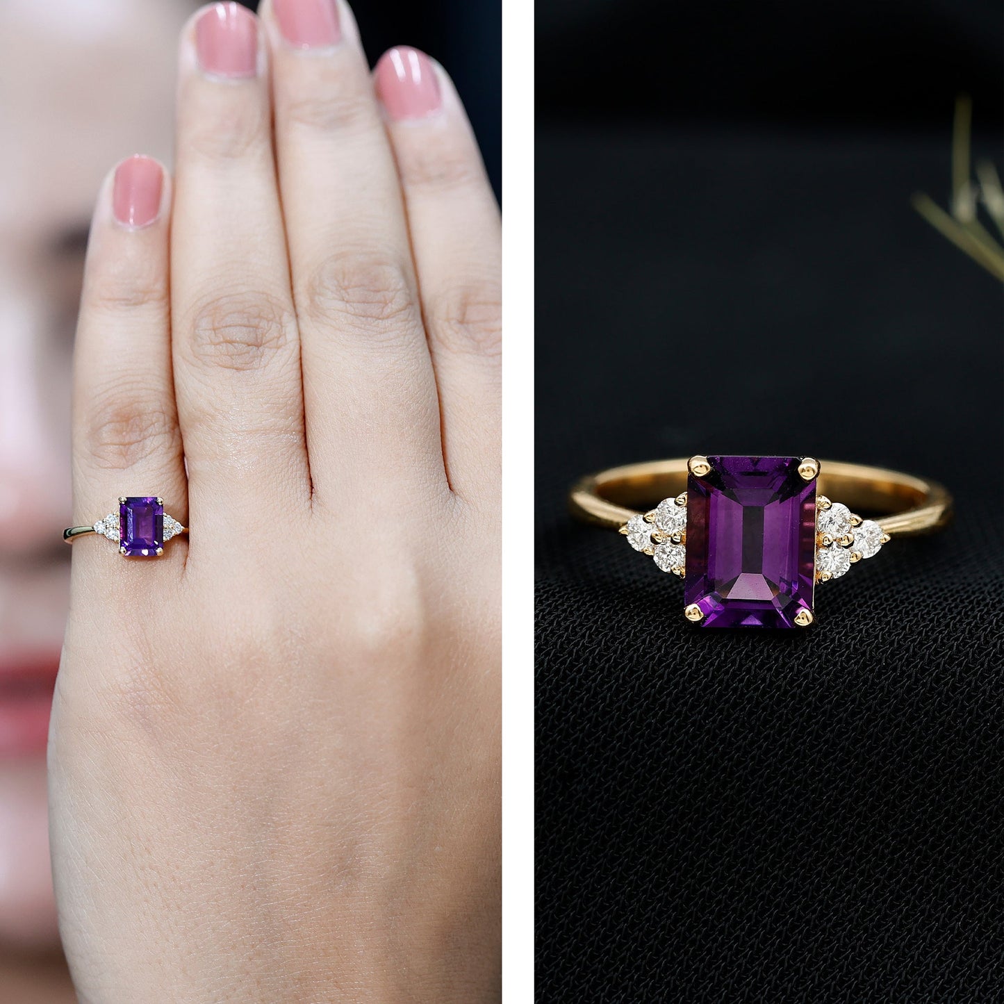 Anillo de compromiso de amatista de 1,4 quilates auténtico de corte esmeralda con trío de diamantes