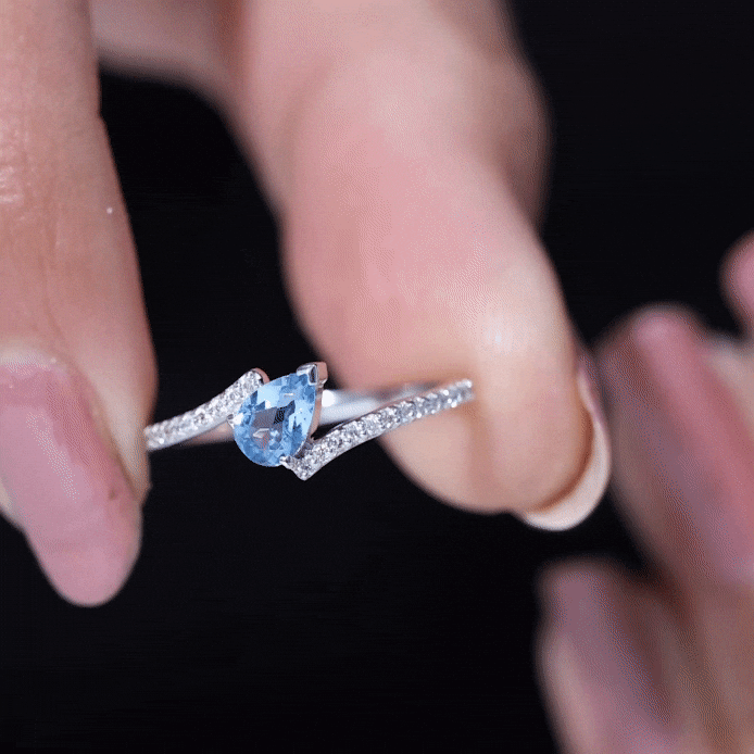 Anillo de promesa de aguamarina auténtica y diamantes con montura tipo bypass