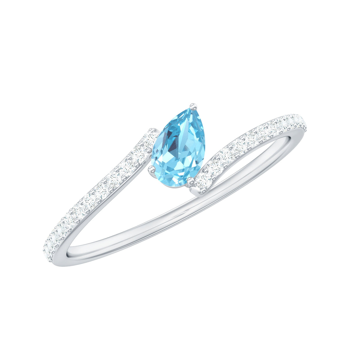 Anillo de promesa de aguamarina auténtica y diamantes con montura tipo bypass