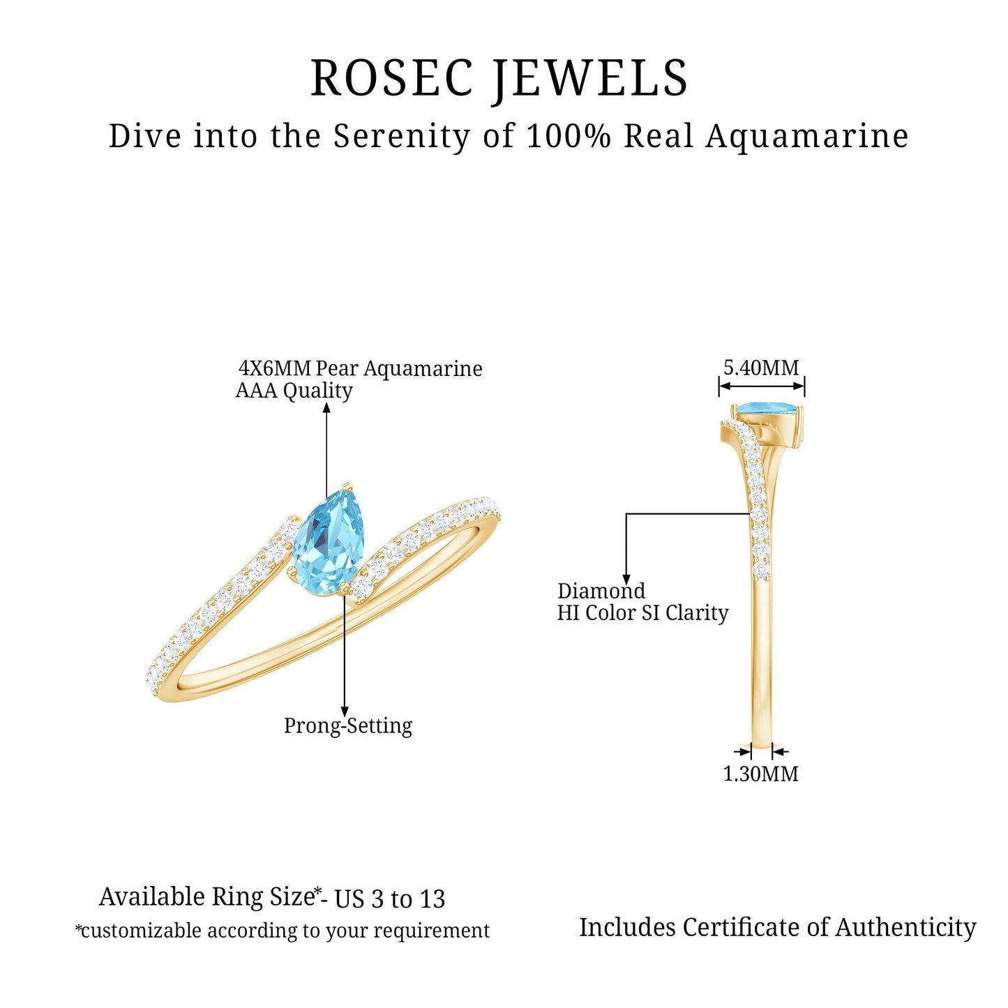 Anillo de promesa de aguamarina auténtica y diamantes con montura tipo bypass
