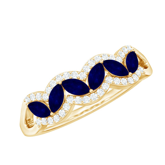 Anillo de aniversario de boda con zafiro azul talla marquesa y diamantes certificado