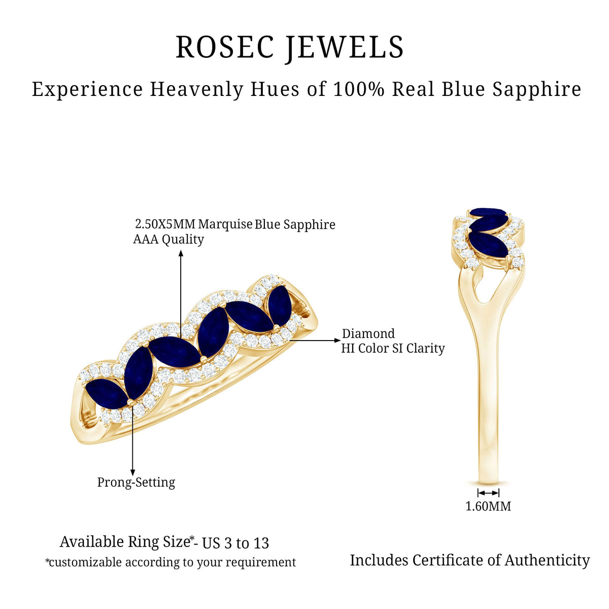 Certified Marquise Cut Blue Sapphire and Diamond Wedding Anniversary Band Ring