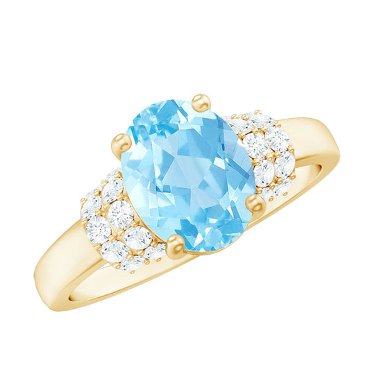 Anillo de compromiso de aguamarina talla ovalada de 1 quilate con cuello de diamantes