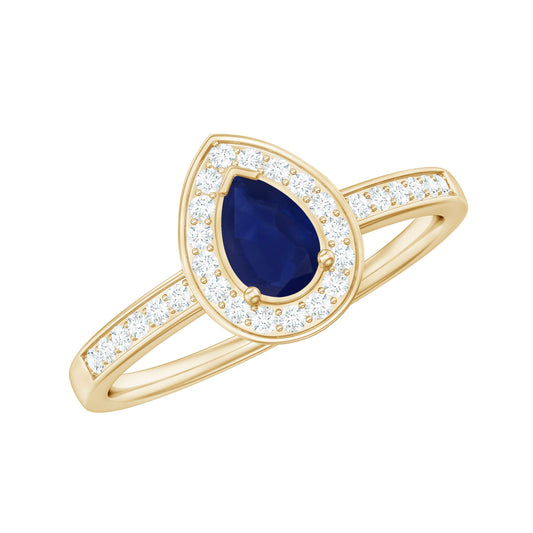 Anillo de compromiso genuino de 0,5 quilates con halo de zafiro azul y diamante en forma de pera