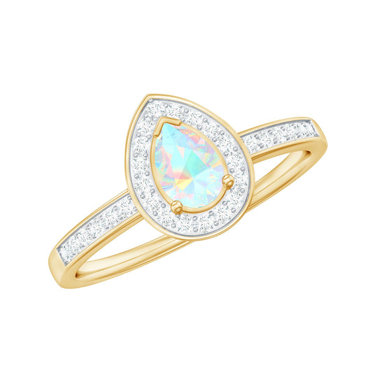 Anillo de compromiso con ópalo natural de 0,7 quilates en forma de lágrima y halo de diamantes