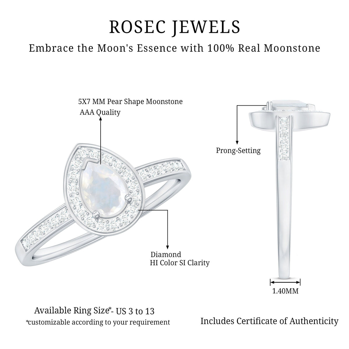 0.8 Carat Classic Moonstone and Diamond Halo Engagement Ring