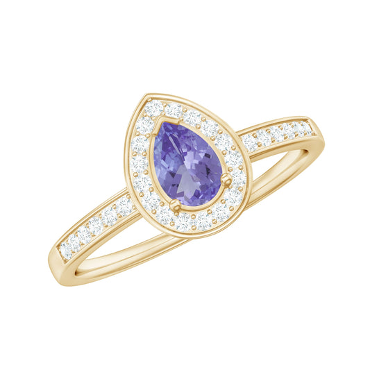 Anillo de compromiso de tanzanita natural talla pera con forma de lágrima y halo de diamantes