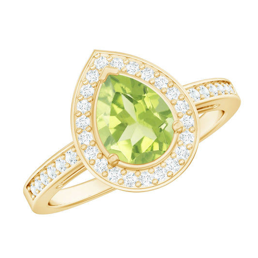 Anillo de compromiso con halo de diamantes y peridoto natural de 1 quilate con forma de lágrima