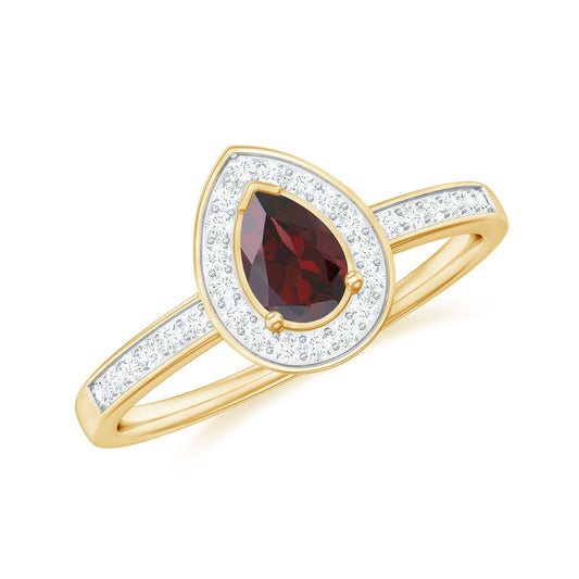 Anillo de compromiso clásico con granate talla pera y halo de diamantes