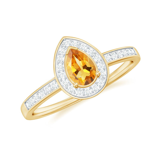 Anillo de compromiso de citrino con forma de pera natural de 0,6 quilates con halo de diamantes