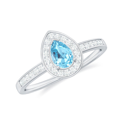 Natural Pear Shape Aquamarine Teardrop Engagement Ring with Diamond Halo