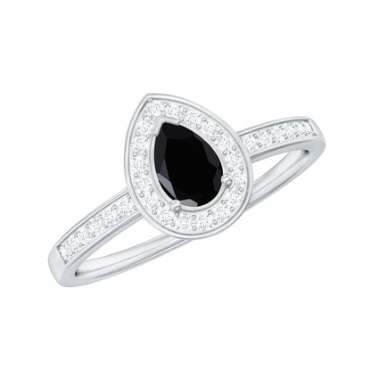 Genuine Black Spinel Teardrop Engagement Ring with Diamond Halo