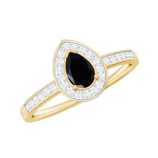 Anillo de compromiso genuino de espinela negra en forma de lágrima con halo de diamantes