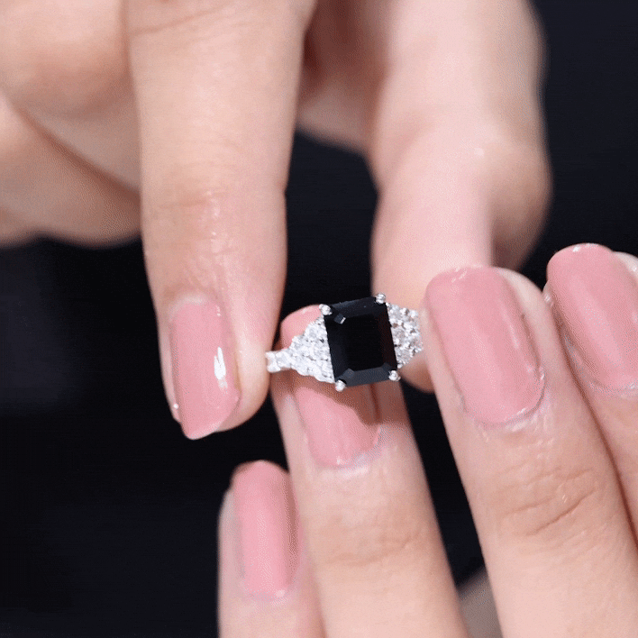 Anillo de compromiso de ónix negro con corte esmeralda de 1,8 quilates con diamantes, certificado