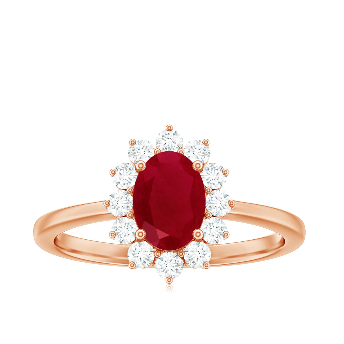 Anillo de compromiso ovalado de rubí natural de 0,6 quilates con halo de diamantes