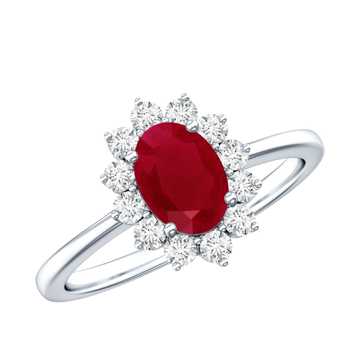 Anillo de compromiso ovalado de rubí natural de 0,6 quilates con halo de diamantes