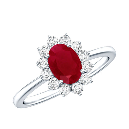 Anillo de compromiso ovalado de rubí natural de 0,6 quilates con halo de diamantes