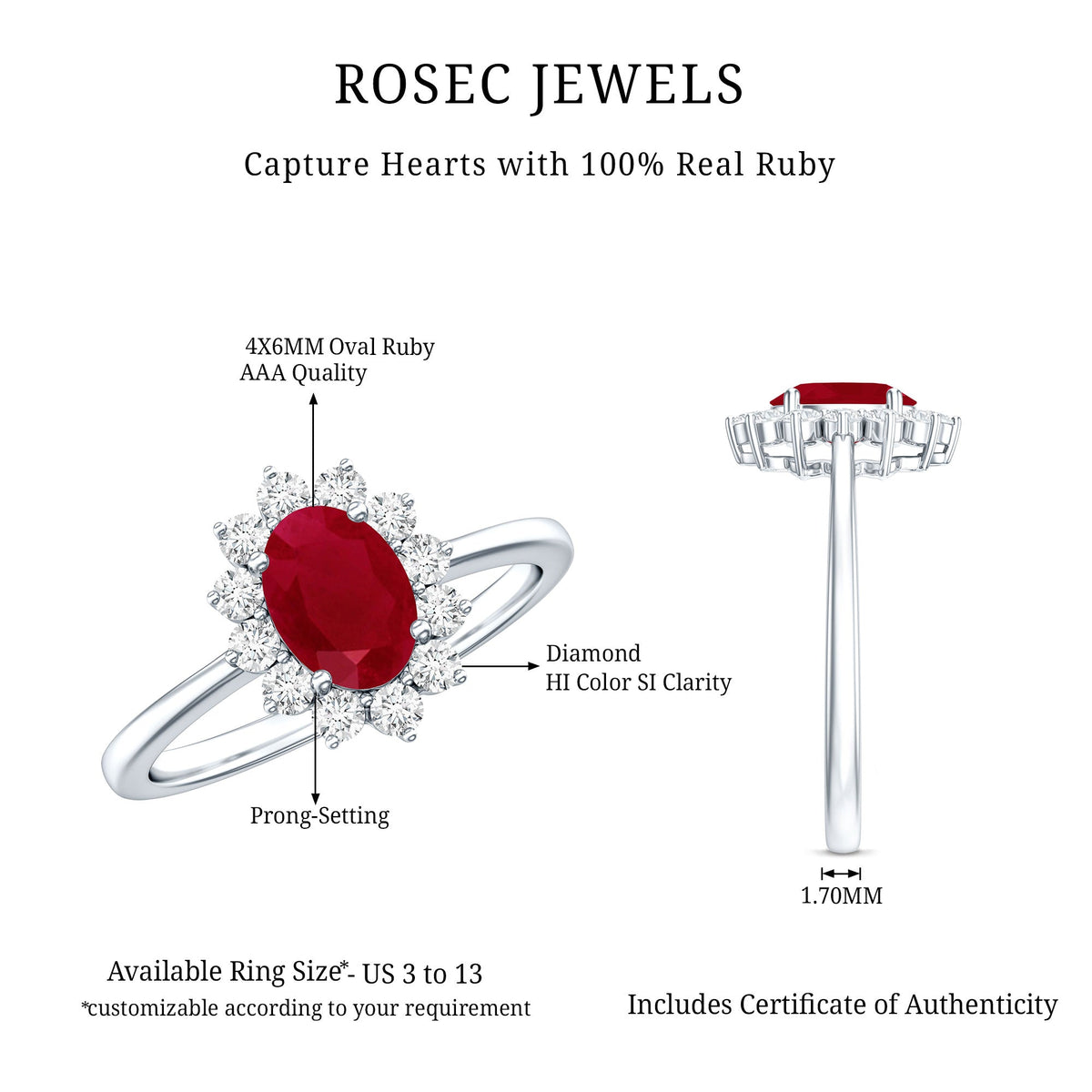 Anillo de compromiso ovalado de rubí natural de 0,6 quilates con halo de diamantes
