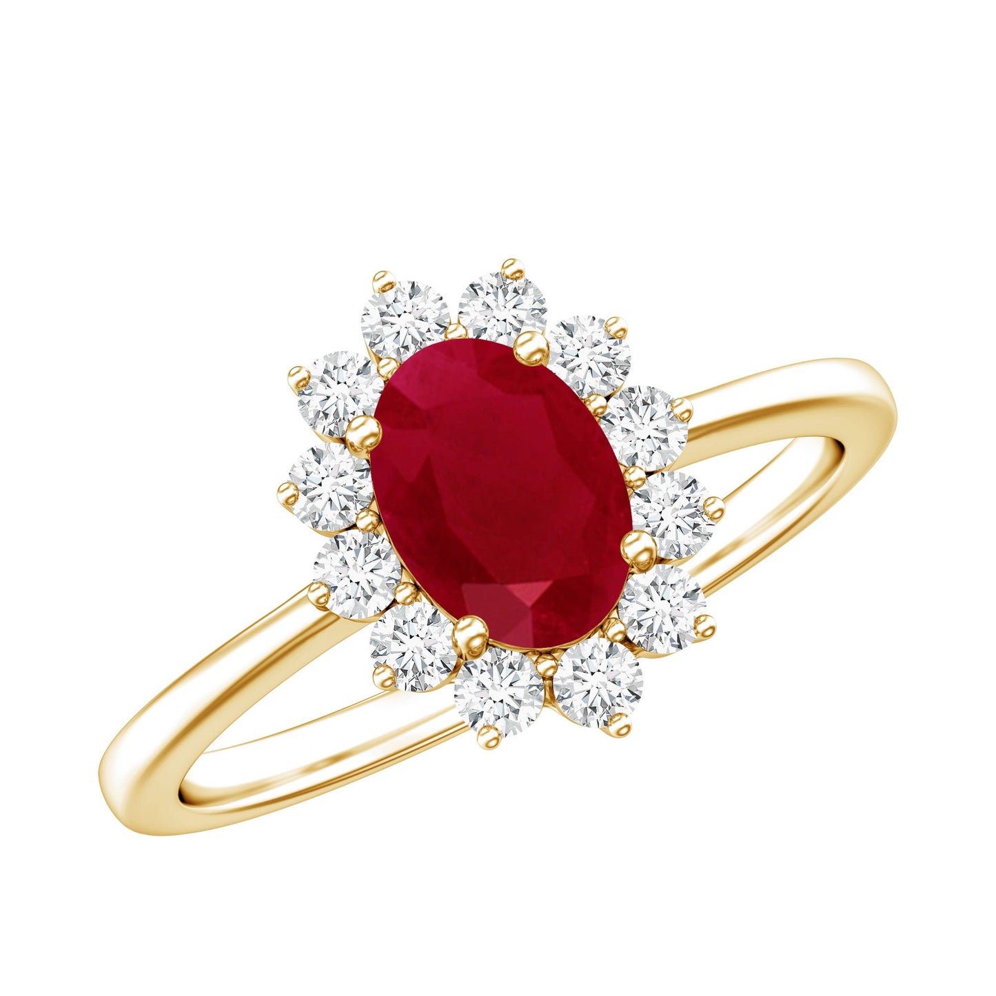 Anillo de compromiso ovalado de rubí natural de 0,6 quilates con halo de diamantes