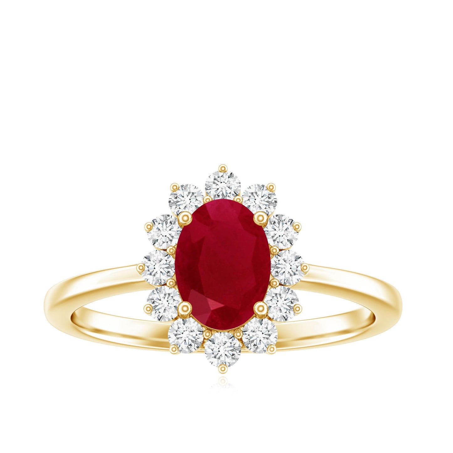 Anillo de compromiso ovalado de rubí natural de 0,6 quilates con halo de diamantes