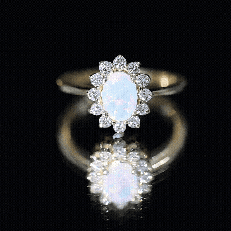 Anillo de compromiso ovalado de ópalo etíope auténtico certificado con halo de diamantes