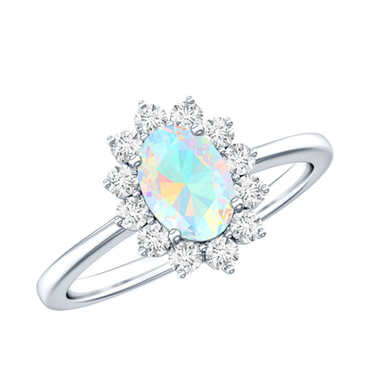 Anillo de compromiso ovalado de ópalo etíope auténtico certificado con halo de diamantes