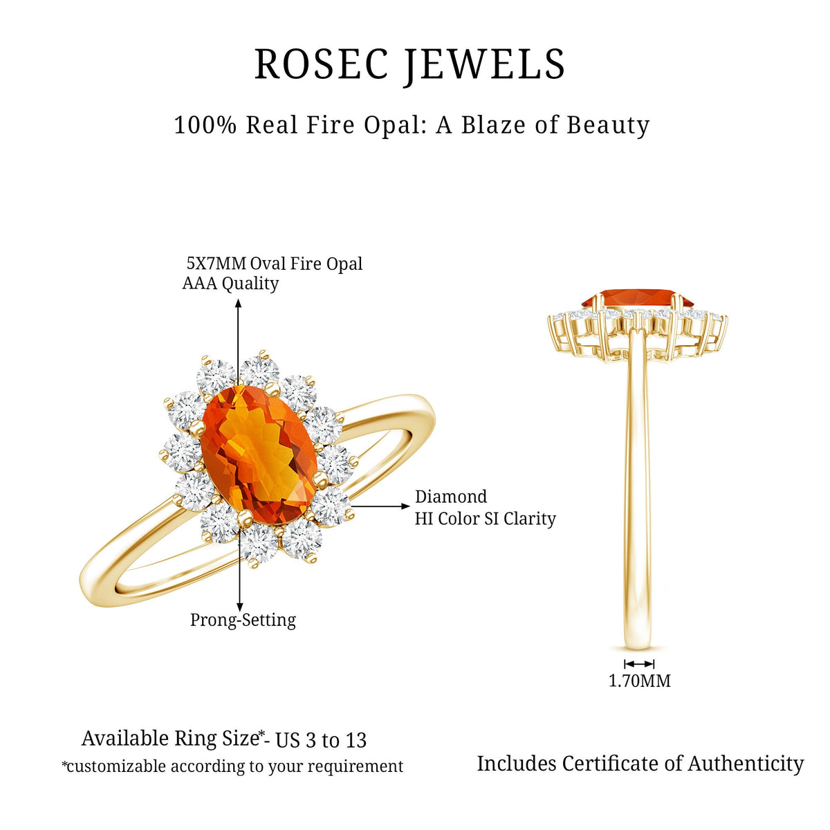 Anillo de compromiso de ópalo de fuego y diamantes inspirado en la Princesa Diana de 0,6 quilates