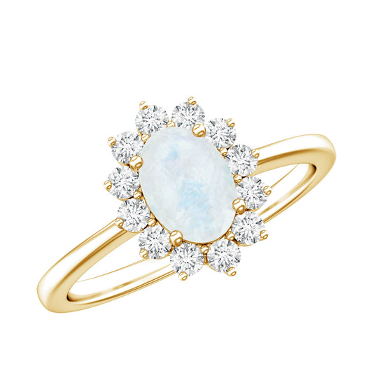Anillo de Compromiso de Piedra Lunar Inspirado en la Princesa Diana con Halo de Diamantes