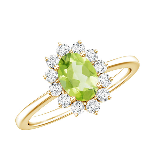 Anillo de compromiso ovalado de peridoto de 1 quilate auténtico con halo de diamantes