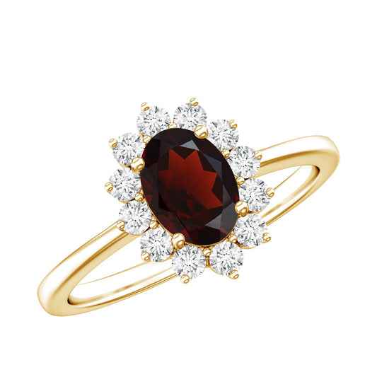 Anillo de compromiso ovalado de granate natural de 1,5 quilates con halo de diamantes