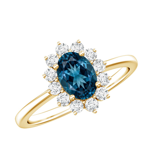 Anillo de compromiso de topacio azul de Londres de 1 quilate inspirado en la princesa Diana con diamante