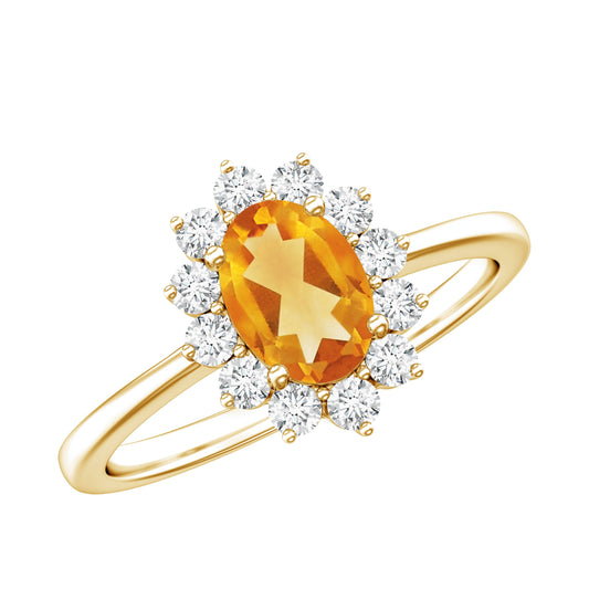 Anillo de compromiso ovalado de citrino de 1 quilate real con halo de diamantes