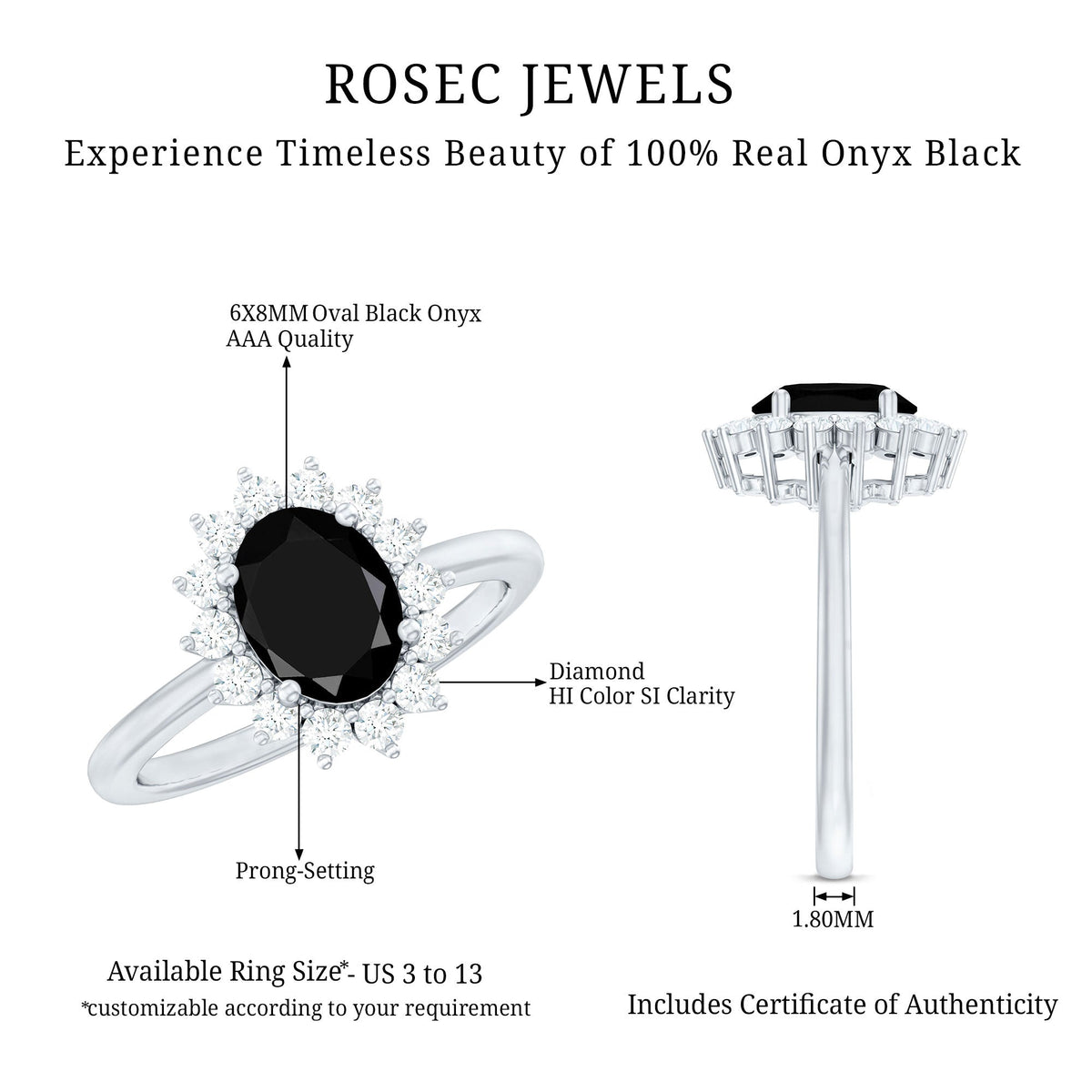 Oval Cut Real Black Onyx and Diamond Halo Engagement Ring