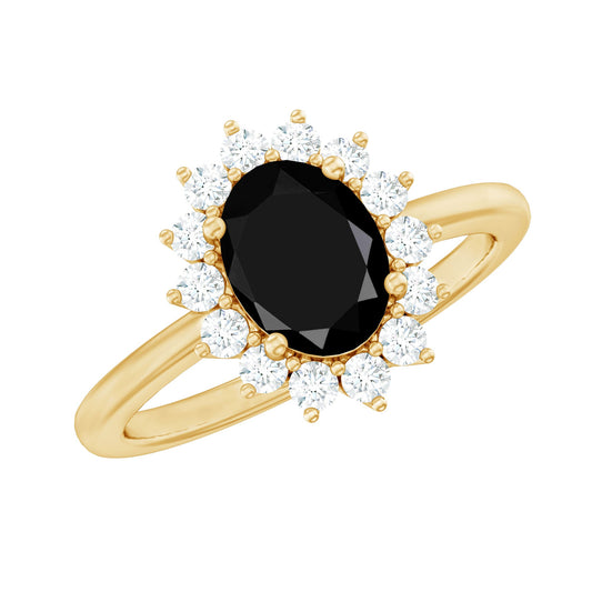 Anillo de compromiso con halo de ónix negro auténtico de talla ovalada y diamantes