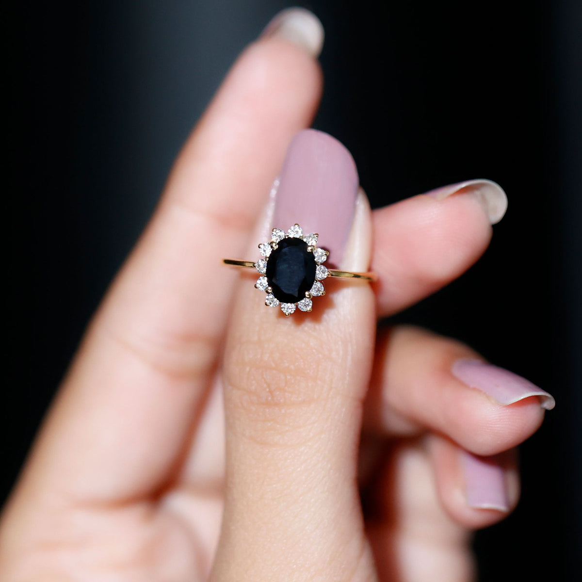 Oval Cut Real Black Onyx and Diamond Halo Engagement Ring